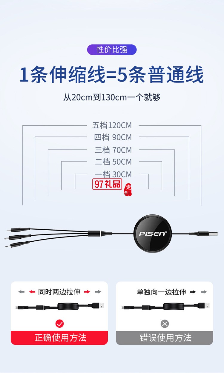 品勝一拖三數(shù)據(jù)線三合一3A快充線適用蘋(píng)果華為伸縮數(shù)據(jù)線禮品定制