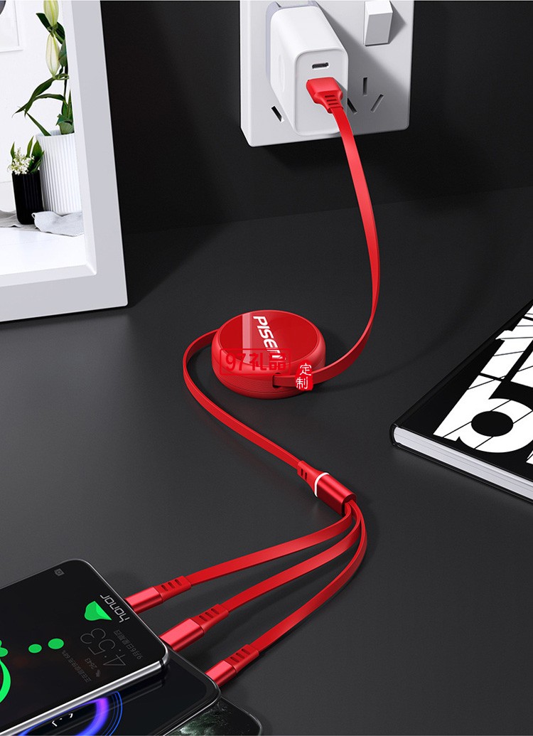 品勝一拖三數(shù)據(jù)線三合一3A快充線適用蘋(píng)果華為伸縮數(shù)據(jù)線禮品定制