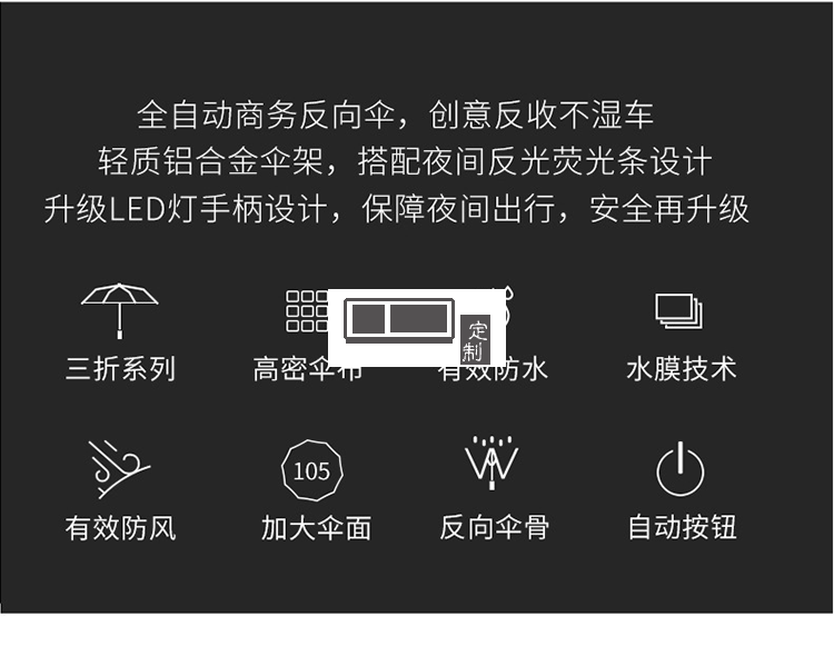 商務(wù)車(chē)載反向折疊傘LED燈電筒全自動(dòng)傘反光可定制LOGO