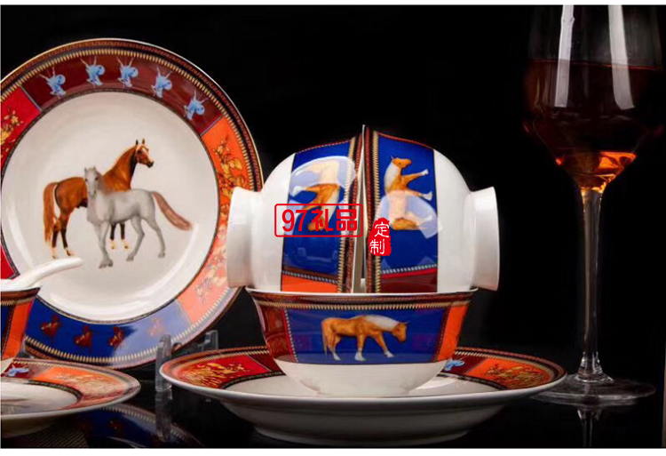 愛(ài)馬HERME白馬圖高檔骨瓷餐具28頭套裝禮盒碗盤(pán)碟瓷器歐式奢華