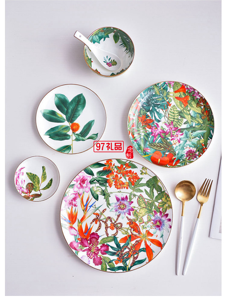 HERME愛(ài)馬歐式熱帶雨林系列36頭骨瓷餐具套裝禮盒描金中西式骨瓷