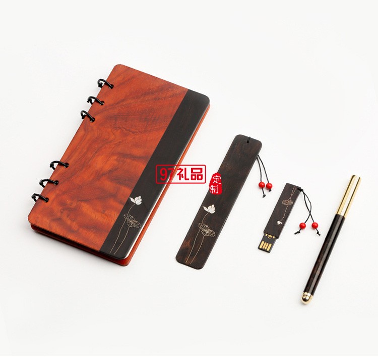 紅木質古典黃銅金屬簽字筆記事本U盤套裝文創(chuàng)禮品