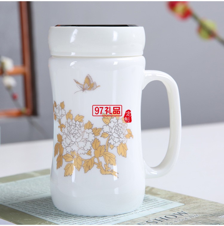 德化羊脂玉陶瓷水杯禮隨手杯商務(wù)禮品實用禮盒辦公杯帶把手