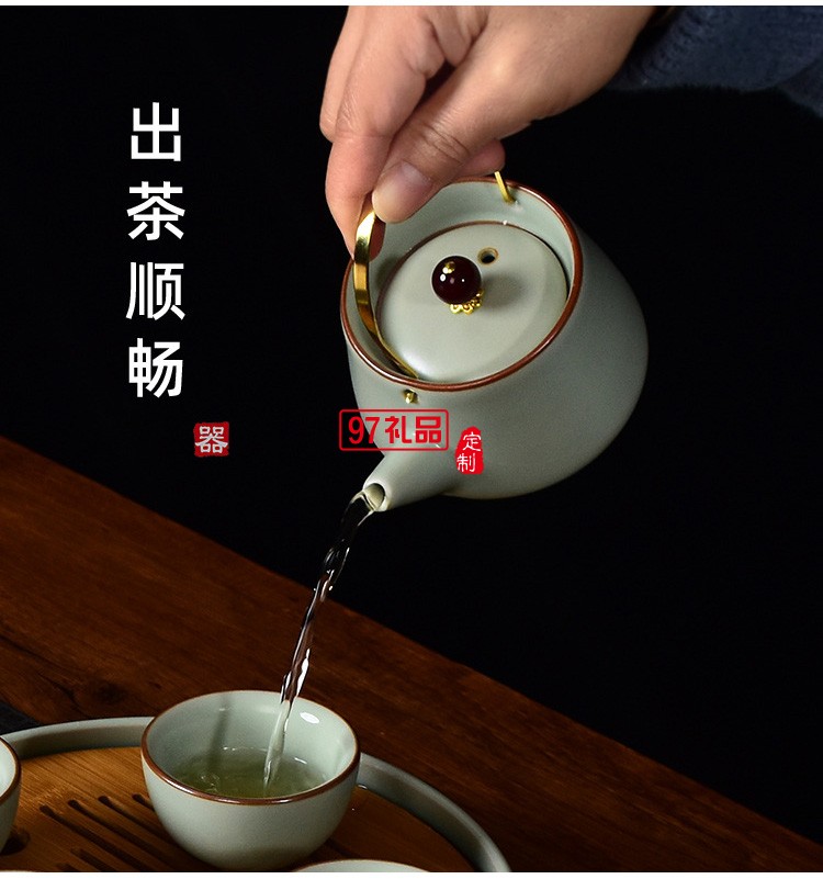  汝窯功夫茶具套裝家用提梁茶壺茶杯開(kāi)片仿古汝瓷干泡盤(pán)