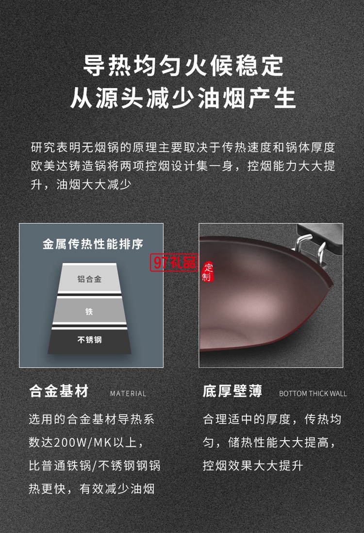 歐美達(dá)鑄造炒鍋無(wú)涂層物理不粘炒菜鍋OC7833-B定制公司廣告禮品
