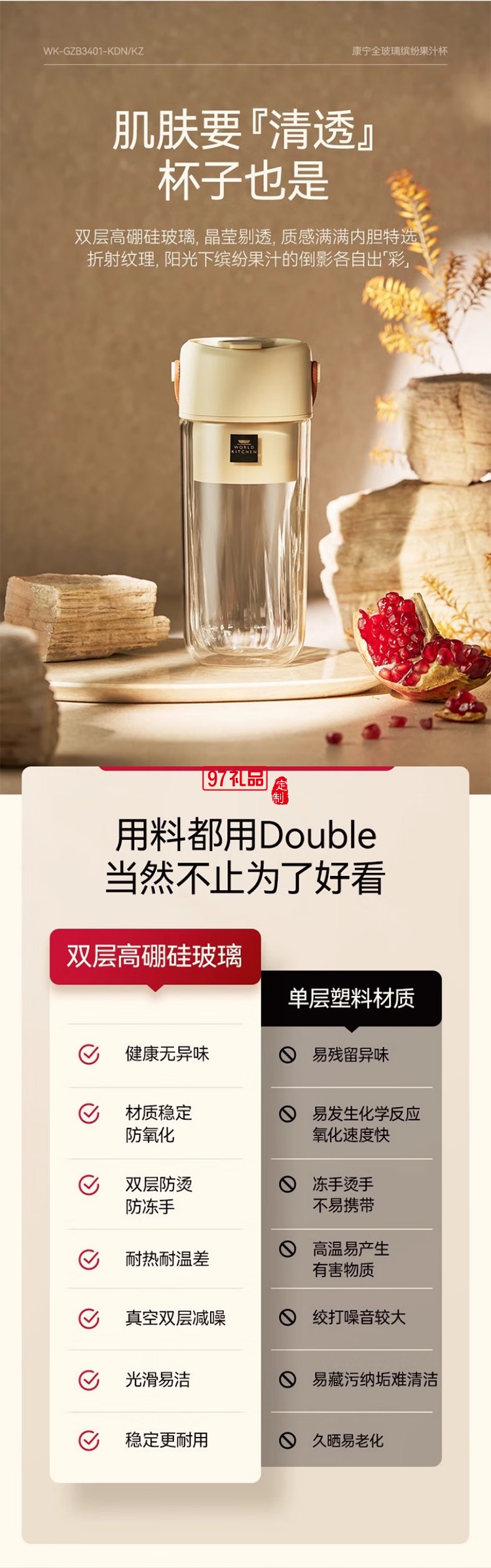 康寧榨汁機 充電果汁杯雙層玻璃杯身