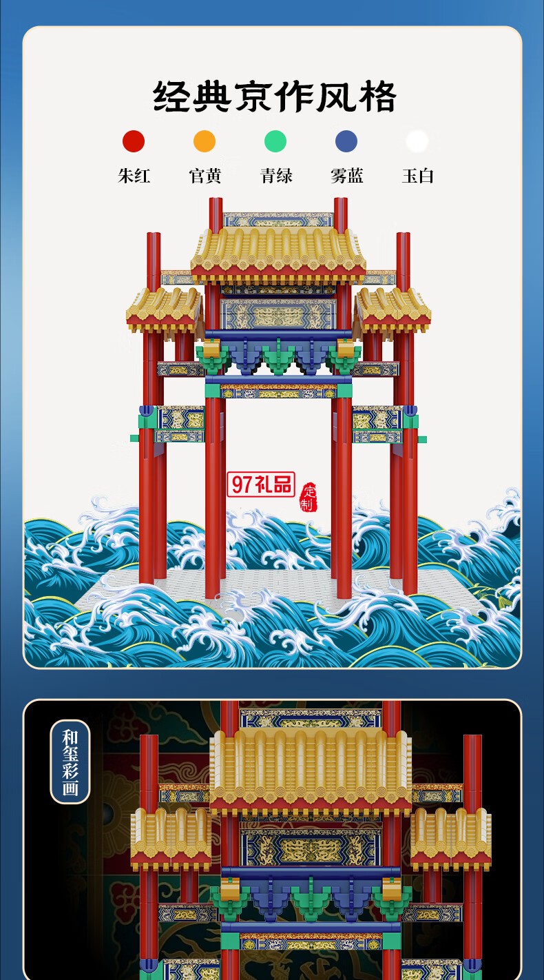 魚躍龍門牌坊故宮榫卯積木玩具中國風(fēng)古建筑潮玩禮物拼裝模型diy