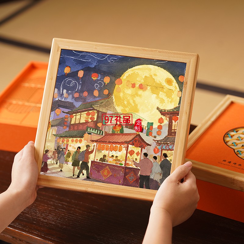 月映金秋中秋竹制相框手提月餅禮盒